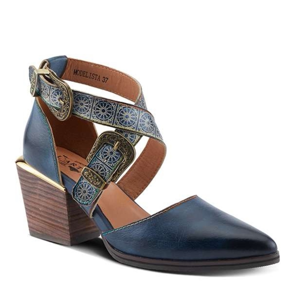 L'ATISTE Blue Heeled Boots with Gold Accents